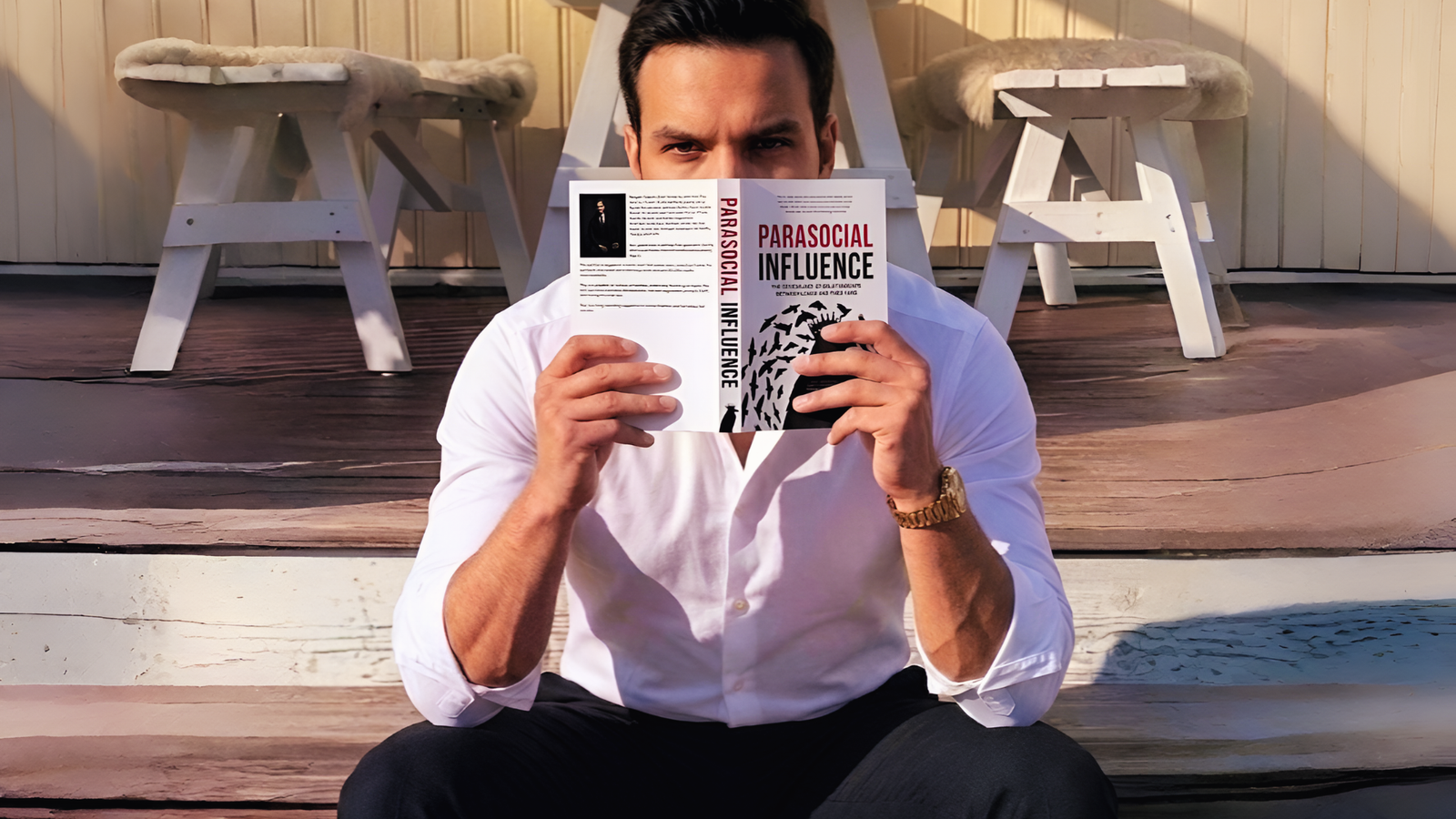Ray Voice — Press Photo 3 — Ray Voice sitting outdoors, covering his face with his book Parasocial Influence.
